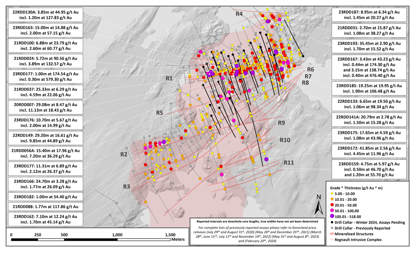 Figure 1: Plan map of Regnault and drill locations from the 2024 winter exploration drill program
