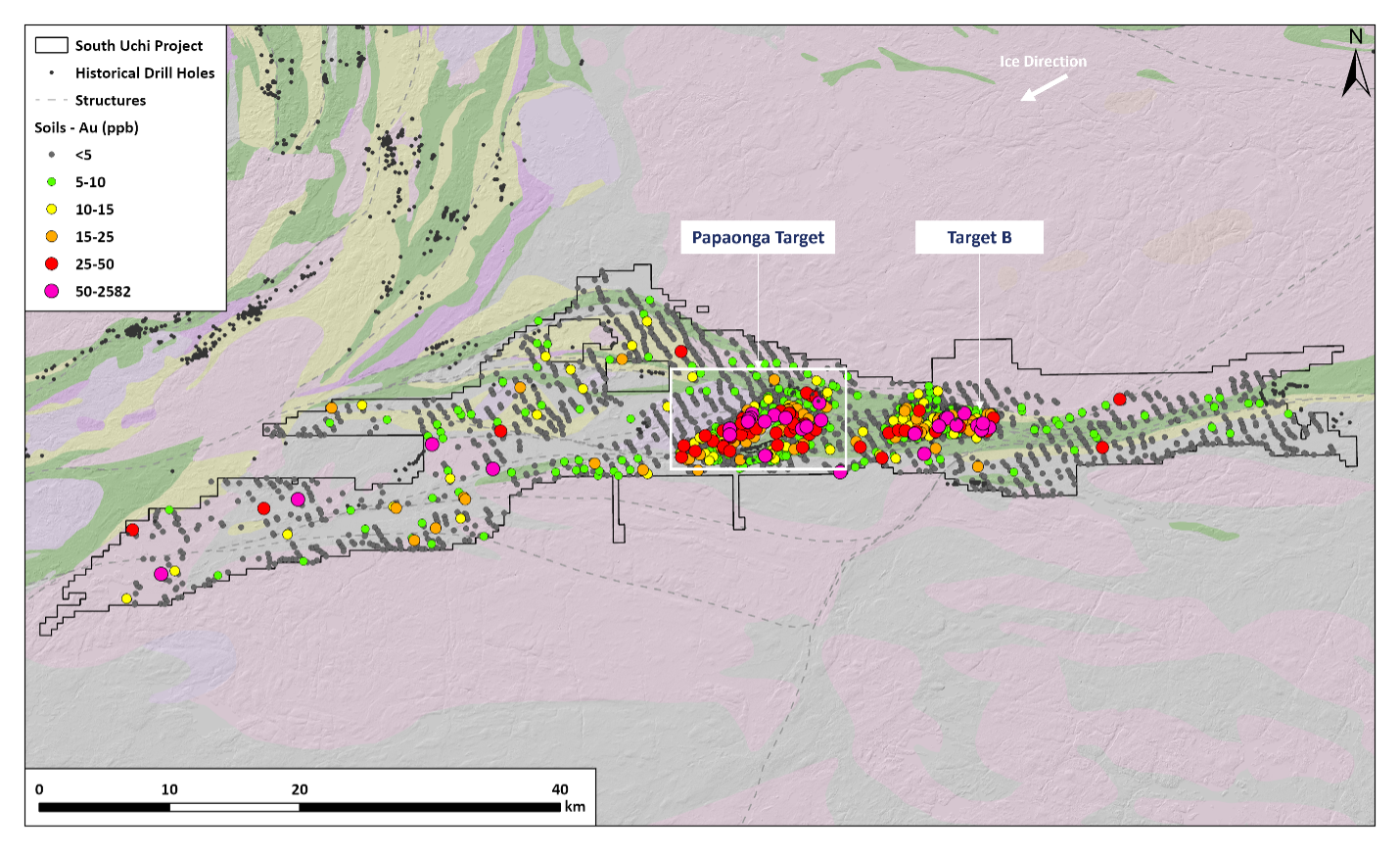 Figure 1. South Uchi Project regional glacial till sampling gold geochemistry (2021-2023)