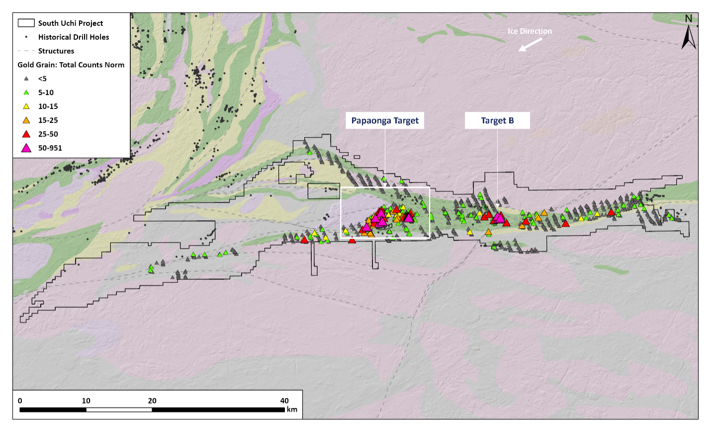 Figure 2. South Uchi Project regional HMC till sampling gold grain counts