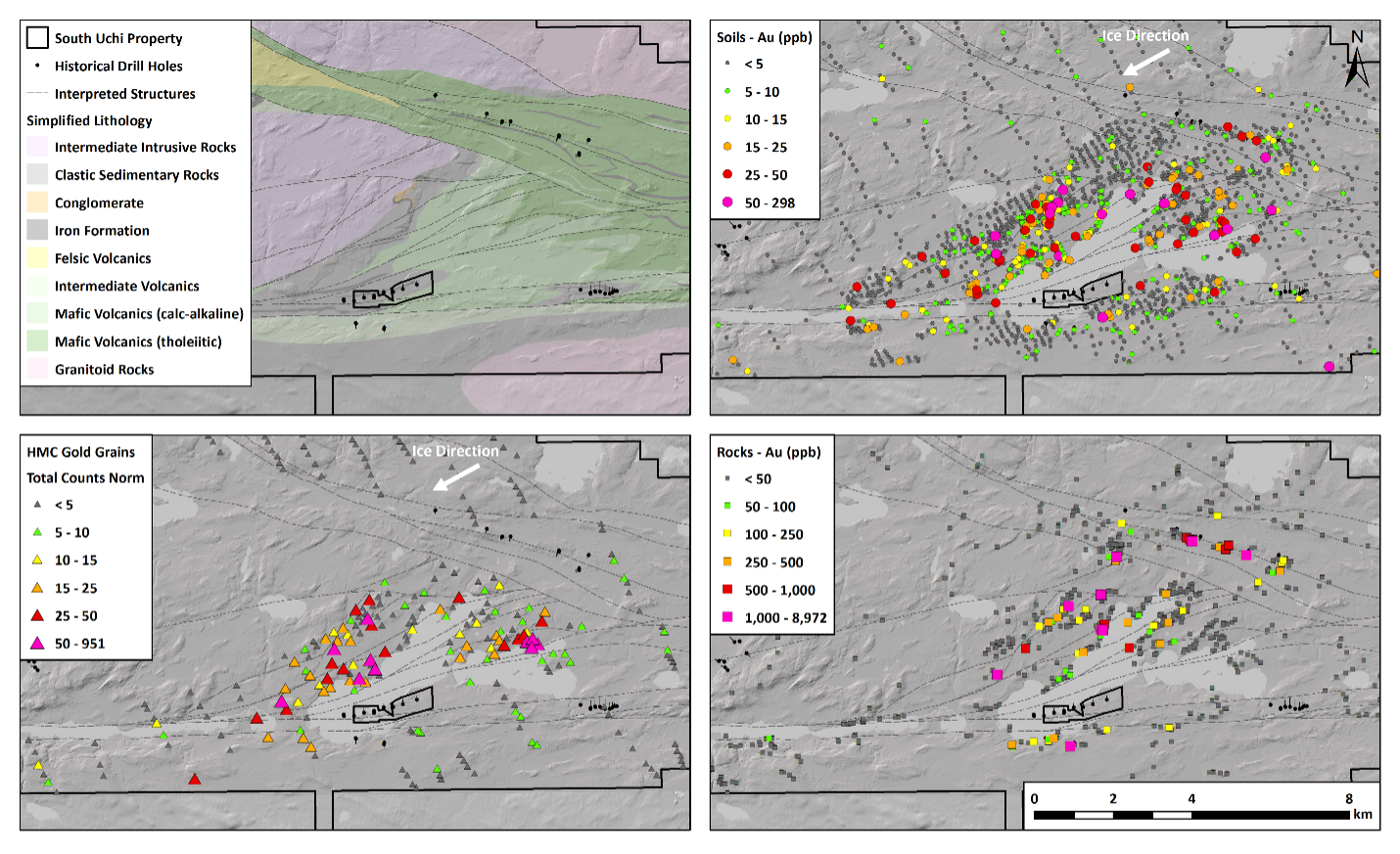Figure 4. Papaonga target area geology, till geochemistry, gold grain counts and rock geochemistry