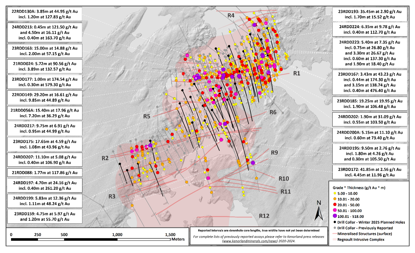 Figure 1. Plan map of Regnault drilling highlights and planned hole locations