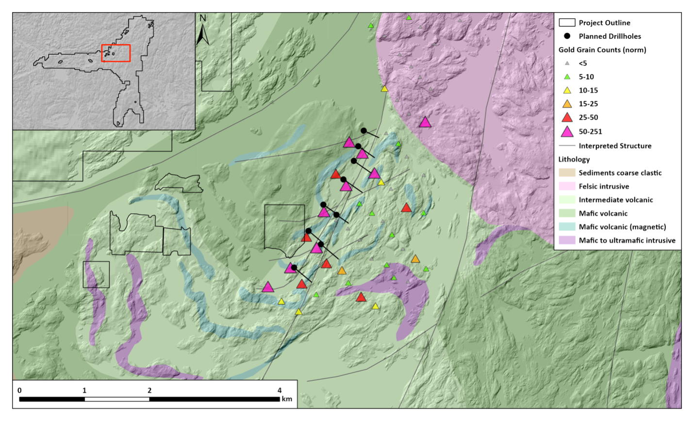 Figure 1. Drill plan map of the W2 target area with planned drill hole locations and gold grain counts from HMC till sampling
