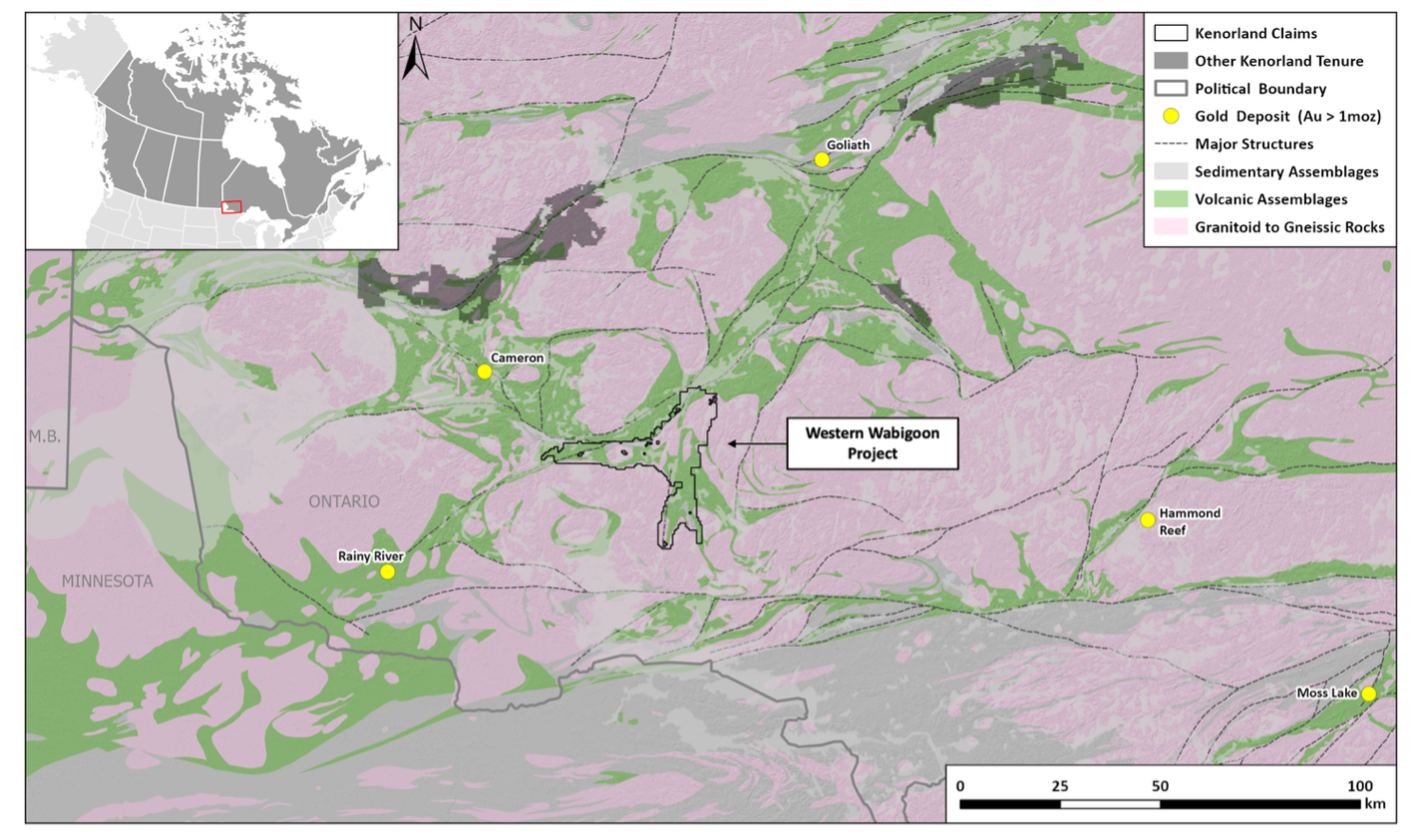 Figure 2. Simplified regional geology with significant gold deposits and Western Wabigoon Project location