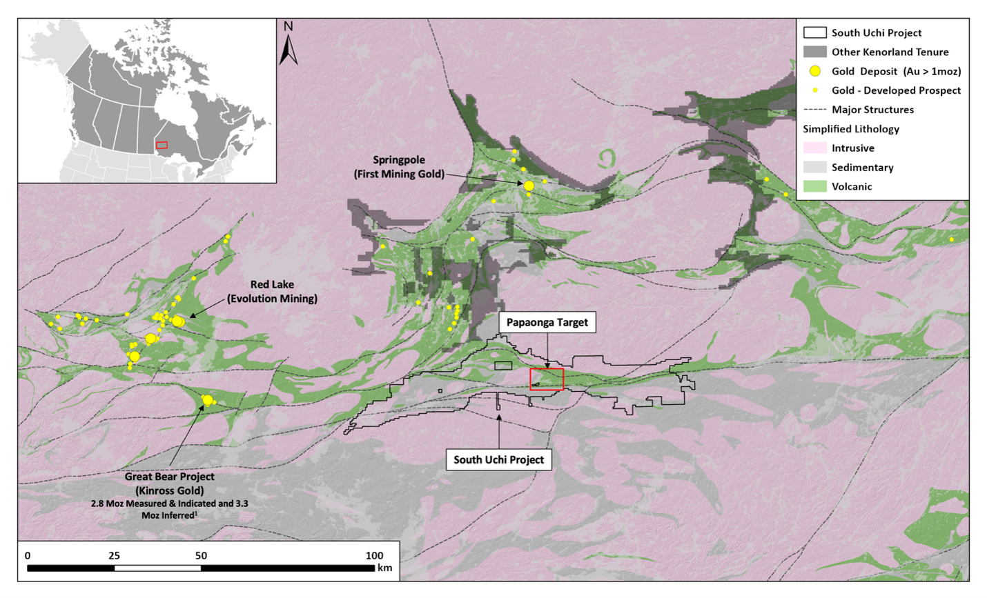 Regional simplified geology with significant gold deposits and South Uchi Project location