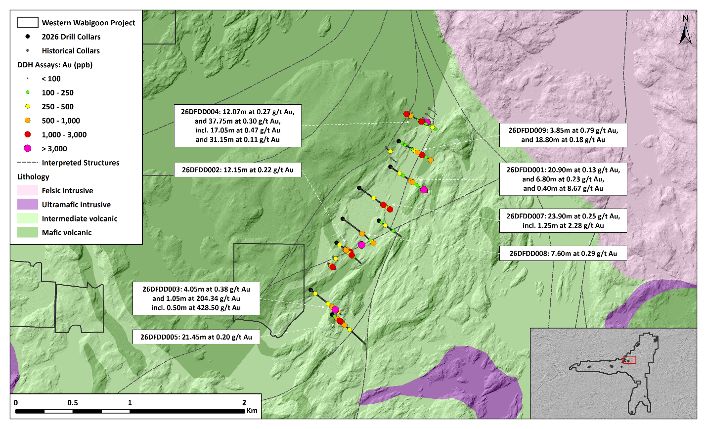 Figure 1. Plan map of the W2 target area with drill hole locations and significant drill results