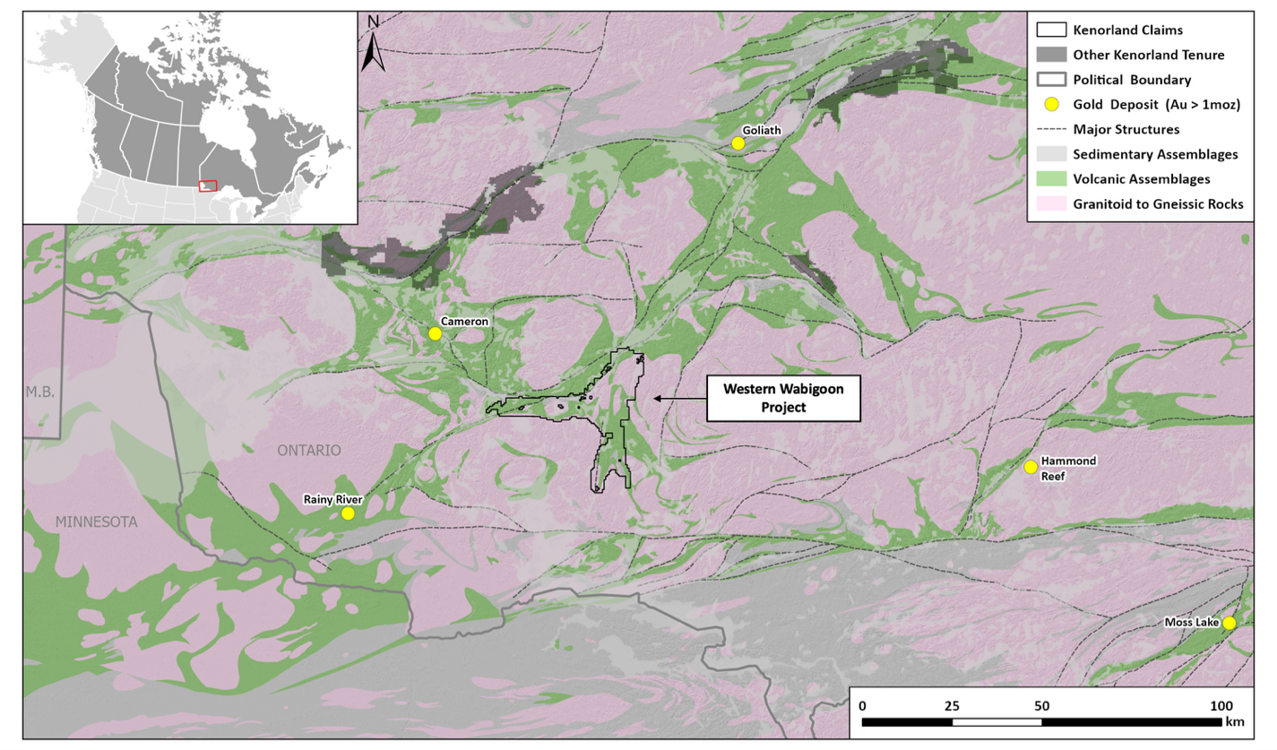 Figure 4. Regional simplified geology with significant gold deposits and the Western Wabigoon Project location