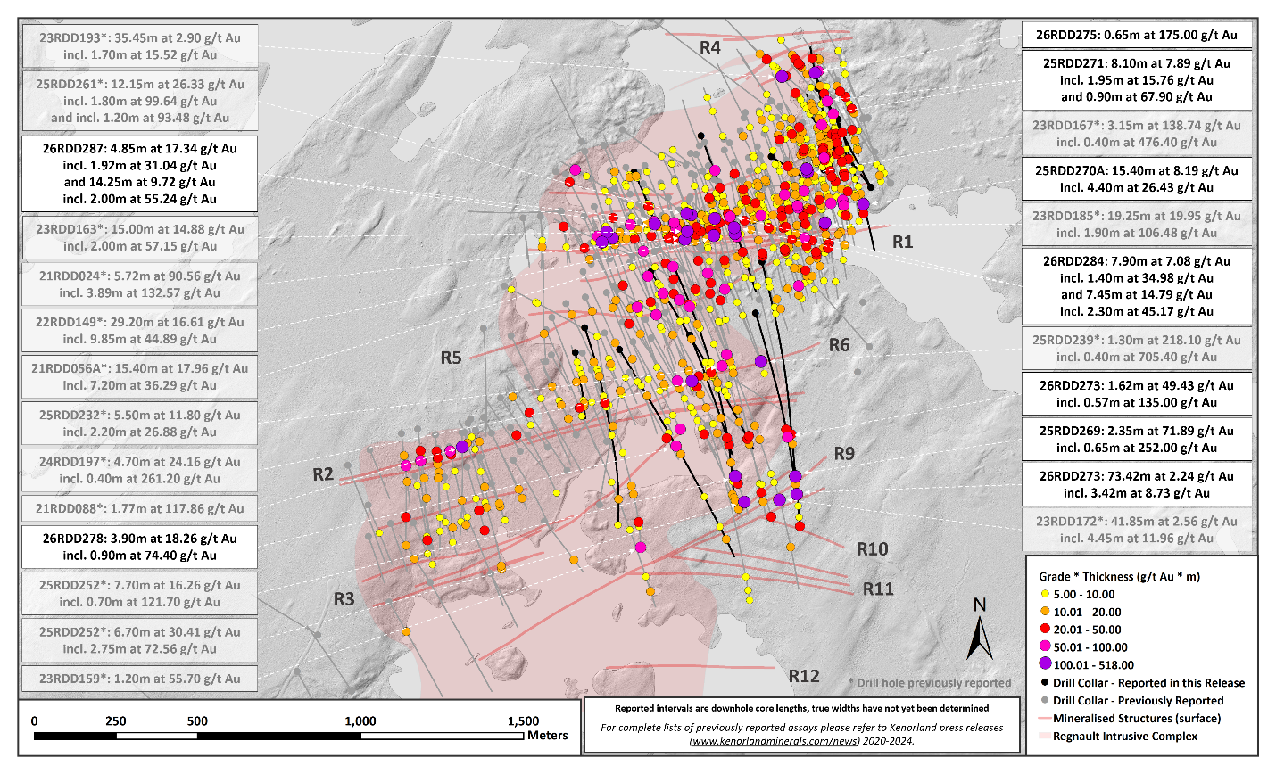 Figure 1. Plan map of Regnault drilling including highlights from this press release