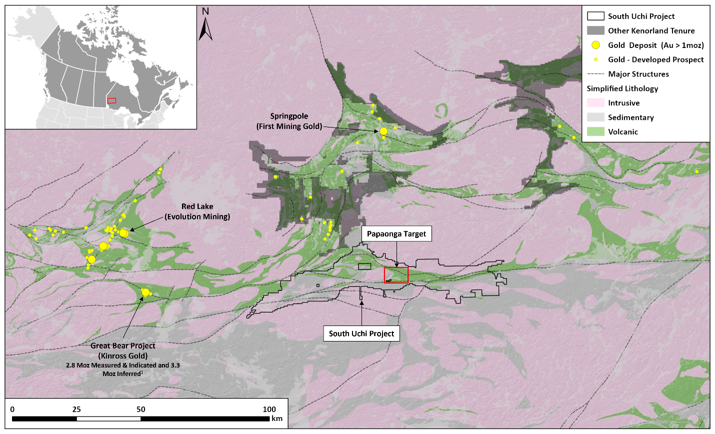 Figure 2. Regional simplified geology with significant gold deposits and South Uchi Project location